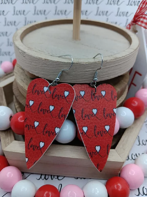 Red Elongated Heart Earrings w/ Love & Heart Pattern