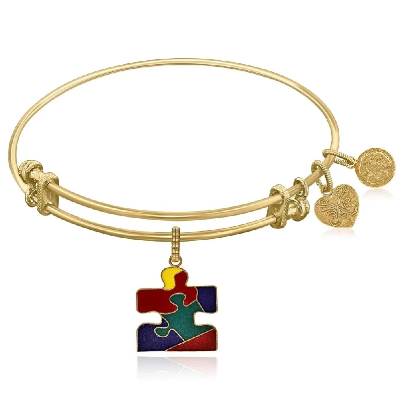 Expandable Yellow Tone Brass Bangle with Autism Awareness Enamel Symbol