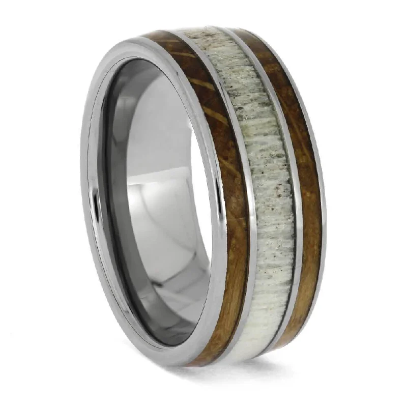 Titanium Ring with Antler and Whiskey Barrel Oak Wood