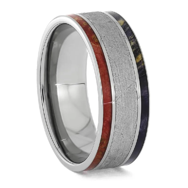 Meteorite Wedding Band with Red and Purple Wood