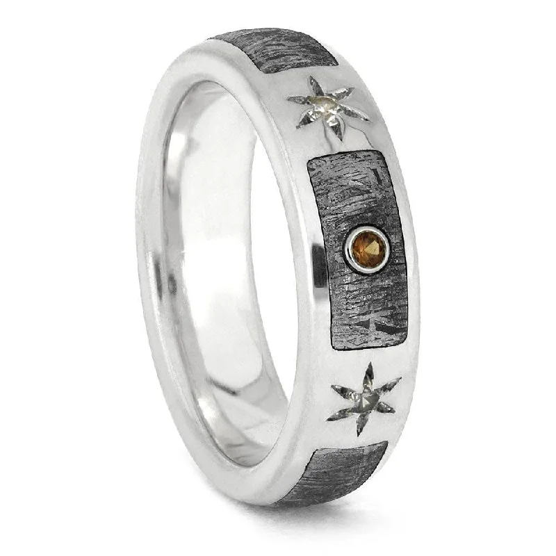 Meteorite Wedding Band with Sapphires in Silver