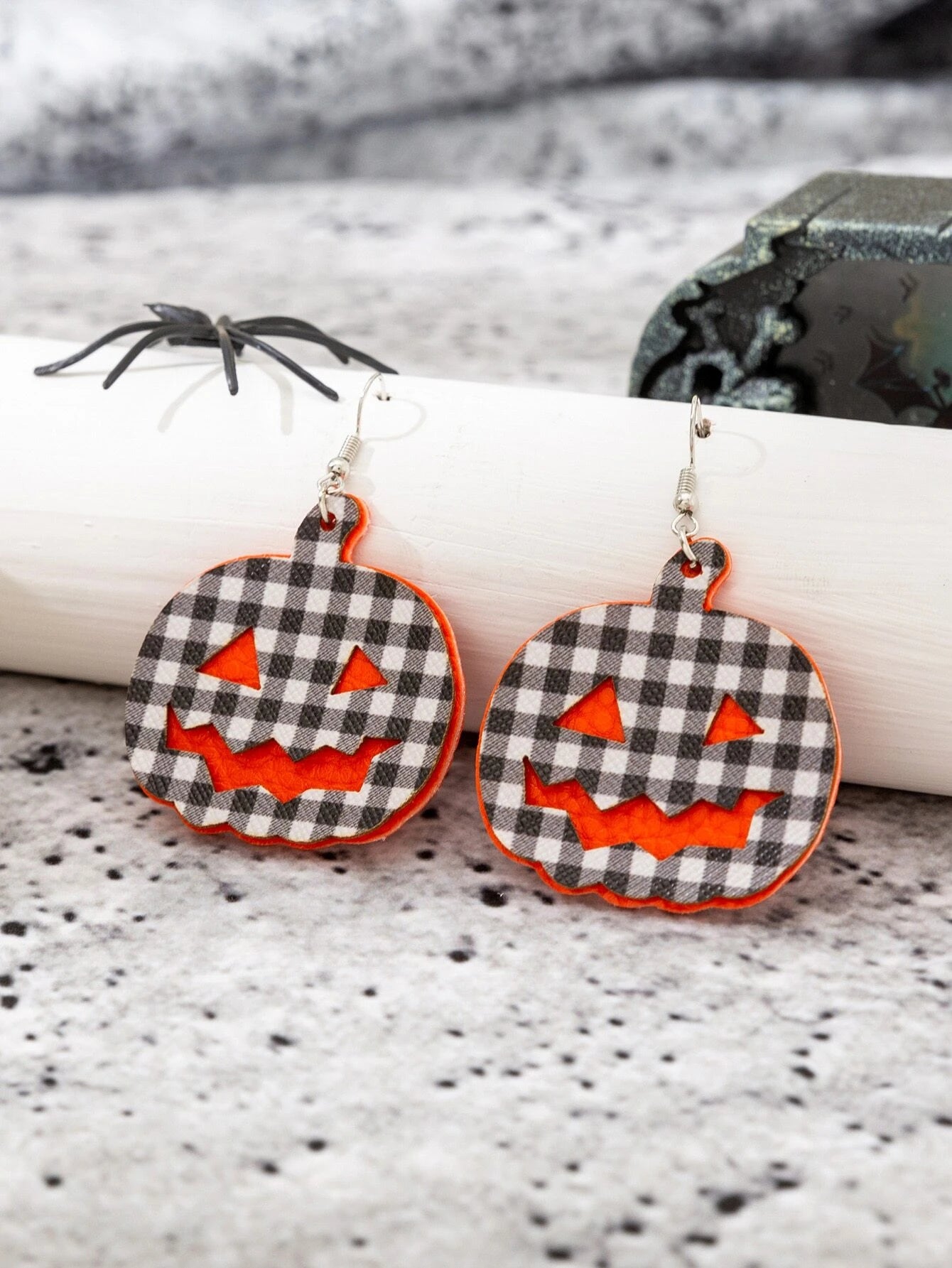 Black & White Buffalo Plaid Jack O' Lantern Layered Earrings