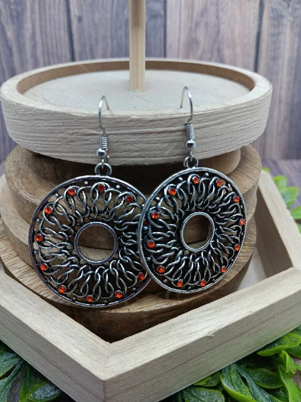 Silver Circle Earrings w/ Orange Rhinestone Earrings