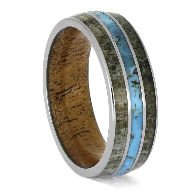 Turquoise and Antler Men's Wedding Band with Wood Sleeve