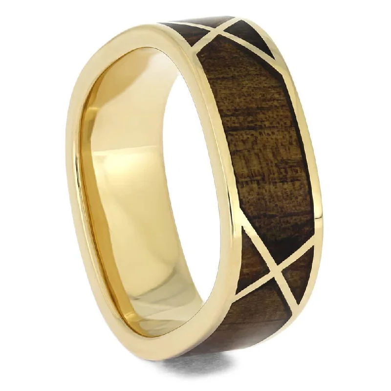 Square Ring with Koa Wood & Yellow Gold Woven Design