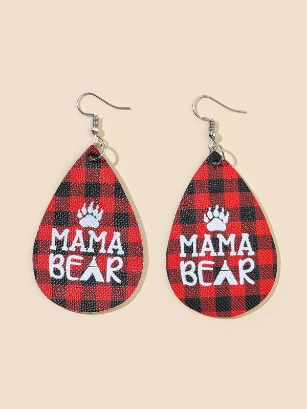 Mama Bear Buffalo Plaid Leather Style Earrings