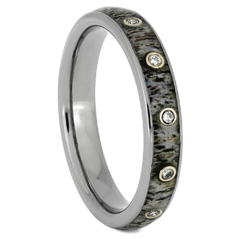 Thin Diamond Wedding Band with Deer Antler