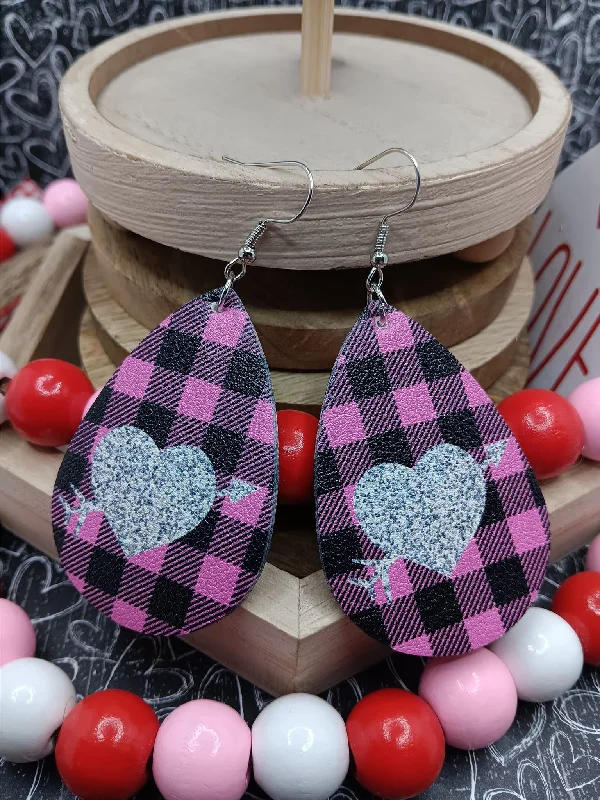 Pink Plaid Earrings w/ Silver Heart