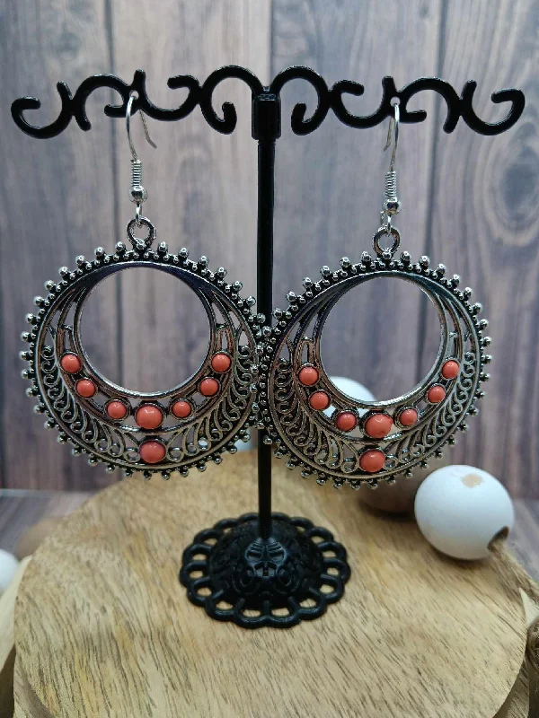 Silver Earrings w/ Coral Beaded Accents