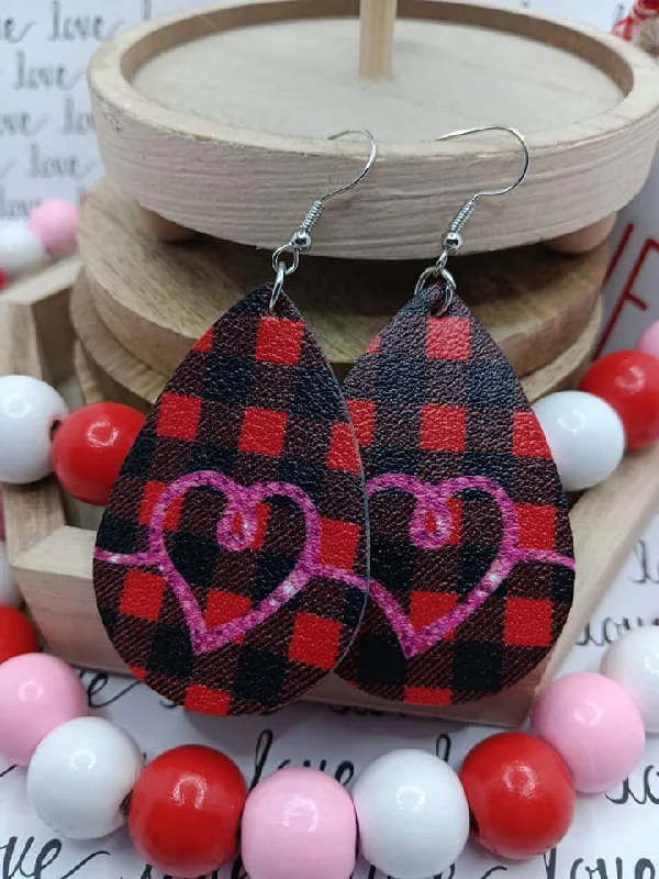 Red & Black Plaid w/ Pink Heart Leather Style Earrings