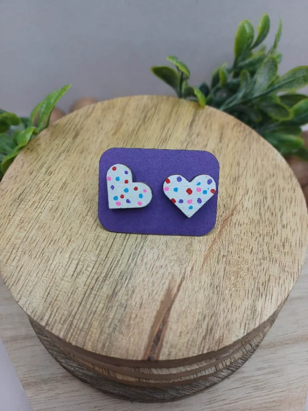 White Wooden Heart Earrings w/ Multicolored Polka Dots