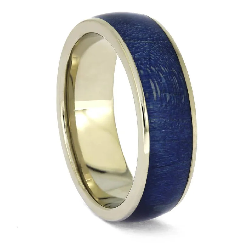 Blue Wood Wedding Band in White Gold