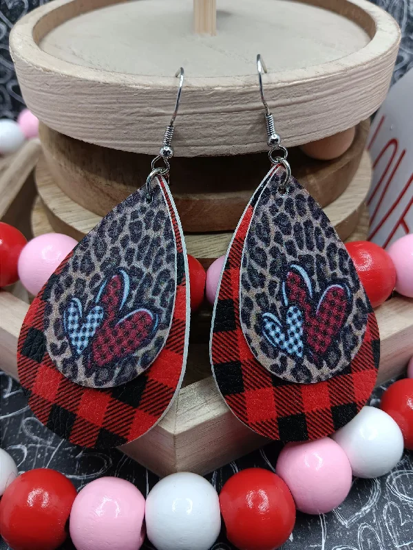 Double Layered Leopard, Plaid, & Hearts Earrings