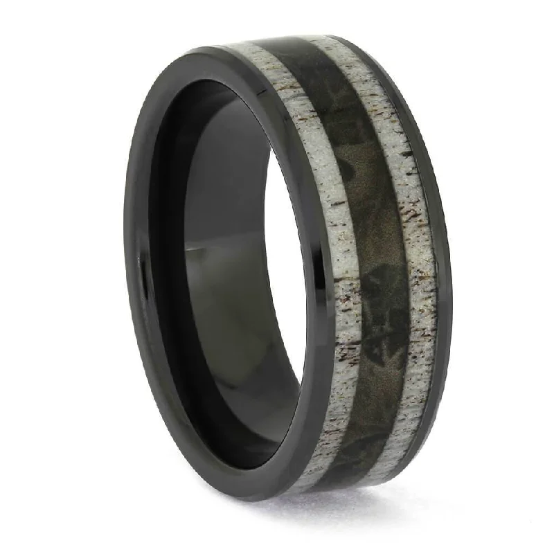 Men's Deer Antler Wedding Band with Camo in Black Ceramic