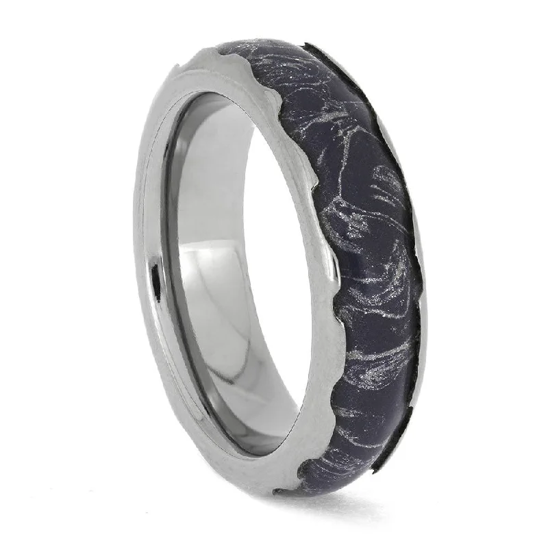 Blue Mokume with Silver Striations in Wavy Profile Titanium Band