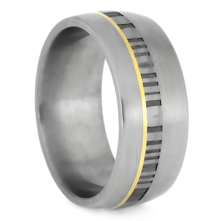 Matte Titanium Wedding Band with Damascus and Yellow Gold