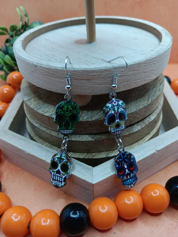 Green, White, & Blue Day of the Dead Skeleton Earrings