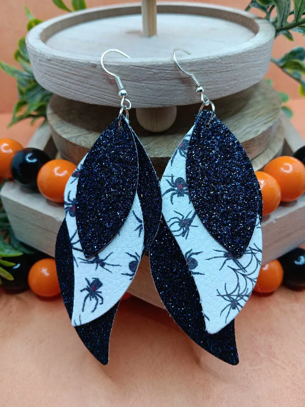 Triple Layered Black Glitter w/ Spider Design Leather Style Earrings