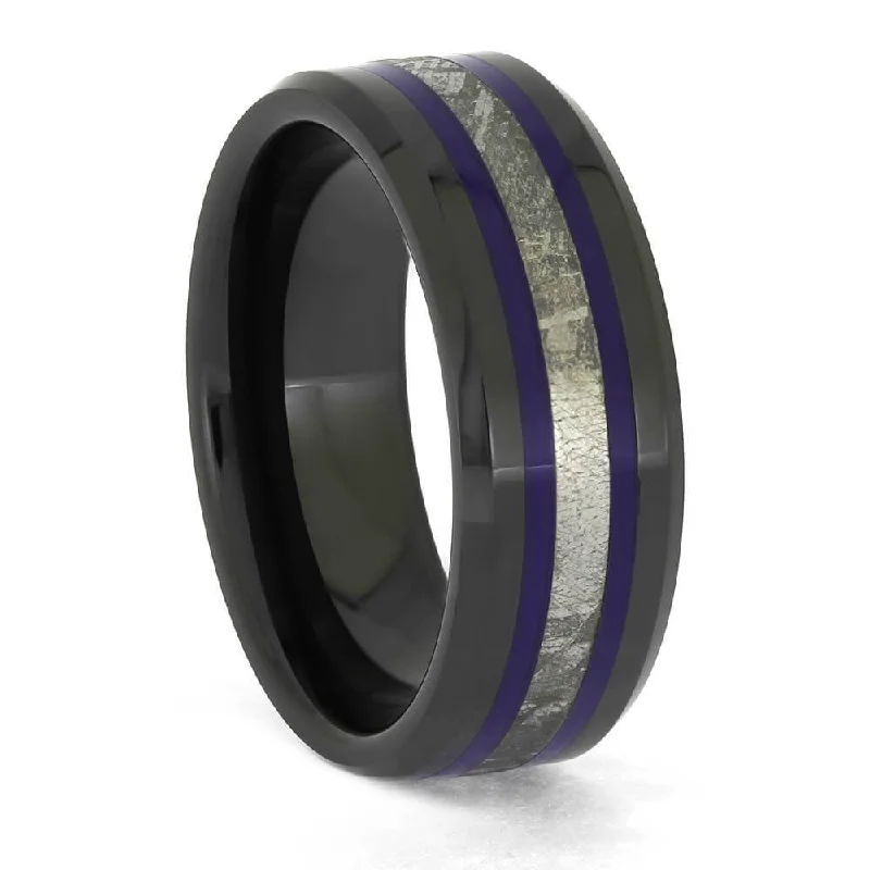 Royal Purple Pinstripes and Meteorite in Black Ceramic Band