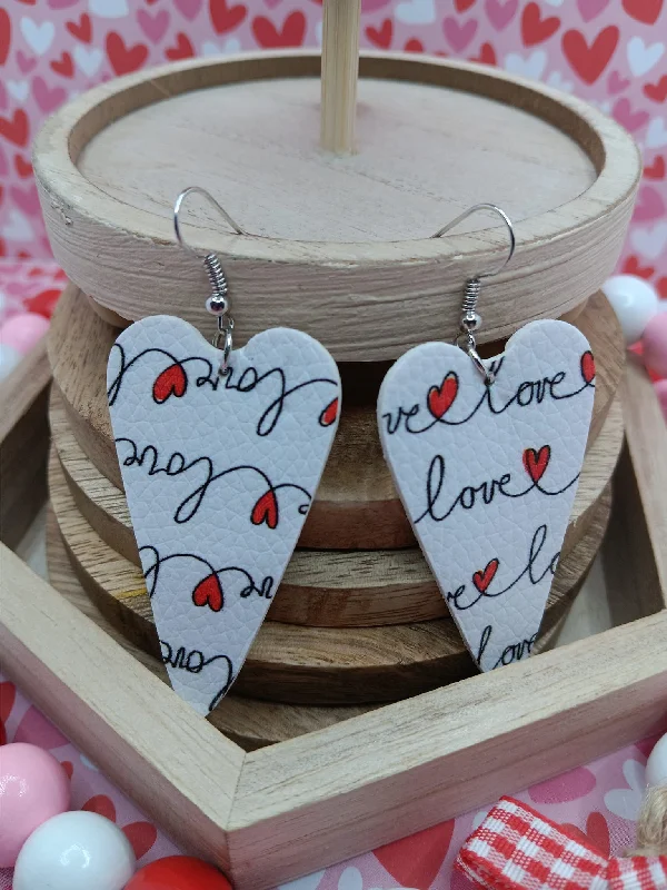 White Heart Leather Style Earrings w/ Heart & Love Pattern