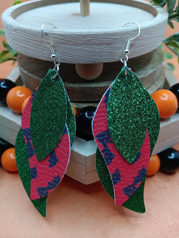 Triple Layered Green Glitter w/ Bat Design Leather Style Earrings