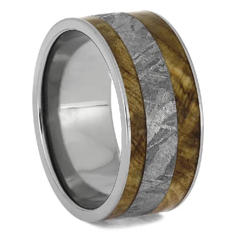 Thick Men's Wedding Band With Black Ash Burl & Meteorite