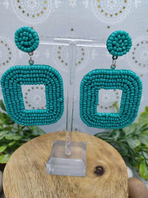 Teal Sea Beaded Square Earrings