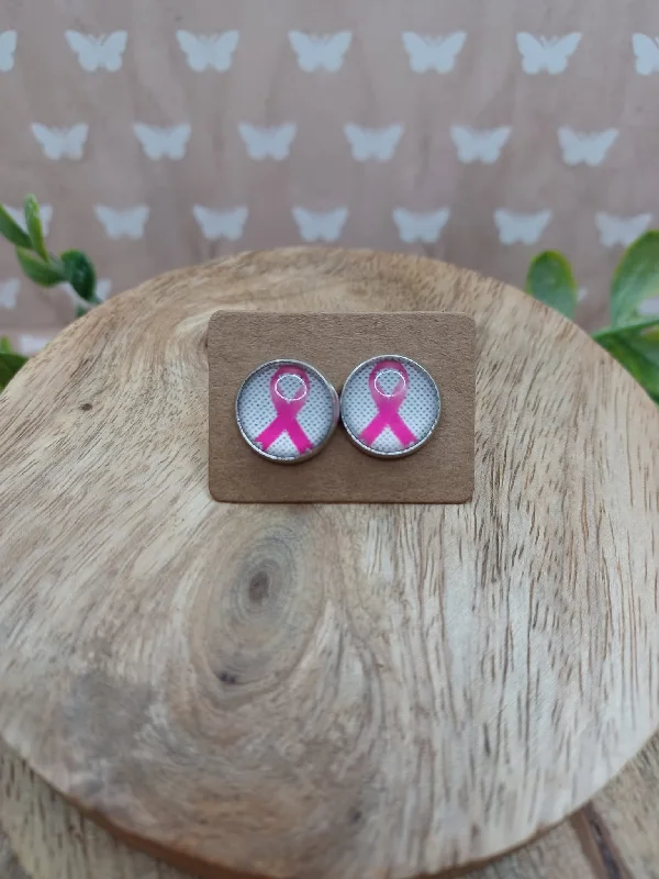 Pink Ribbon Earrings with Dotted Backround