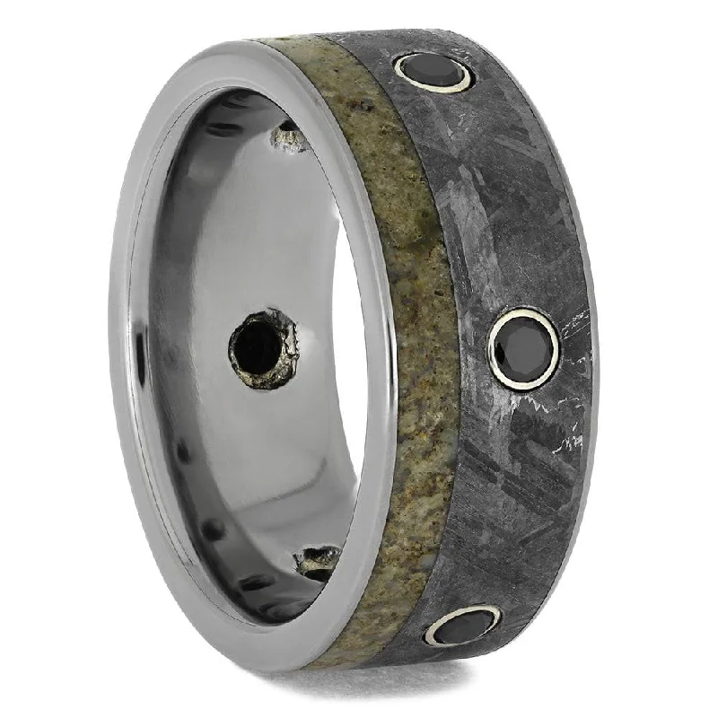 Black Diamond Wedding Band with Meteorite and Dinosaur Bone