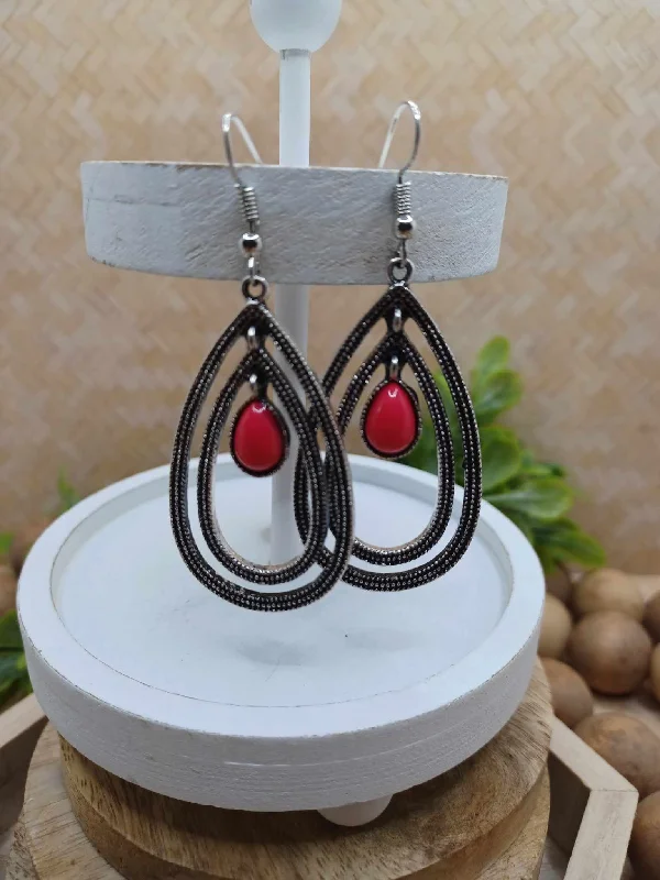 Antiqued Silver Teardrop Style Earrings w/ Pink Accents