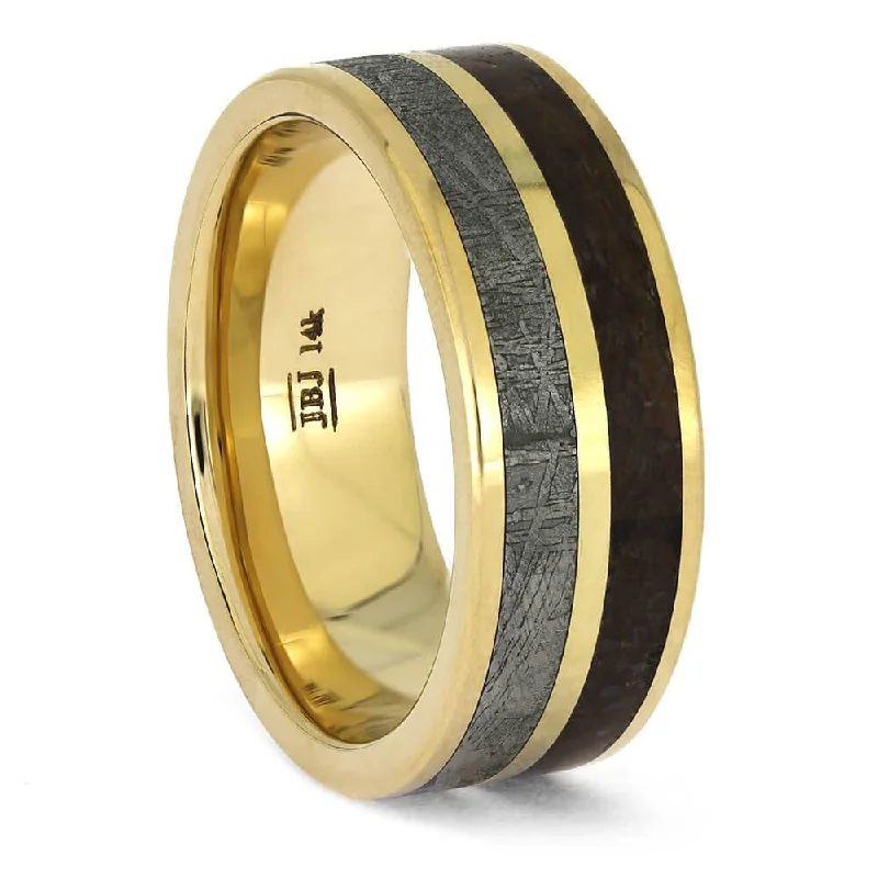 Gold Men's Ring with Meteorite and Dinosaur Bone