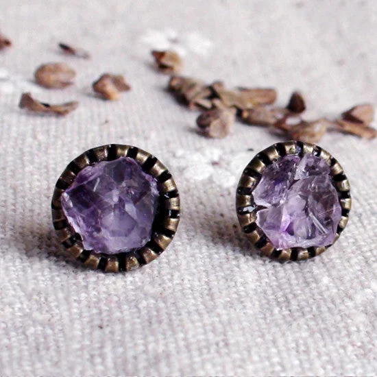 Raw Amethyst Stud Earrings Handmade Jewelry Accessories February Birthstone Women