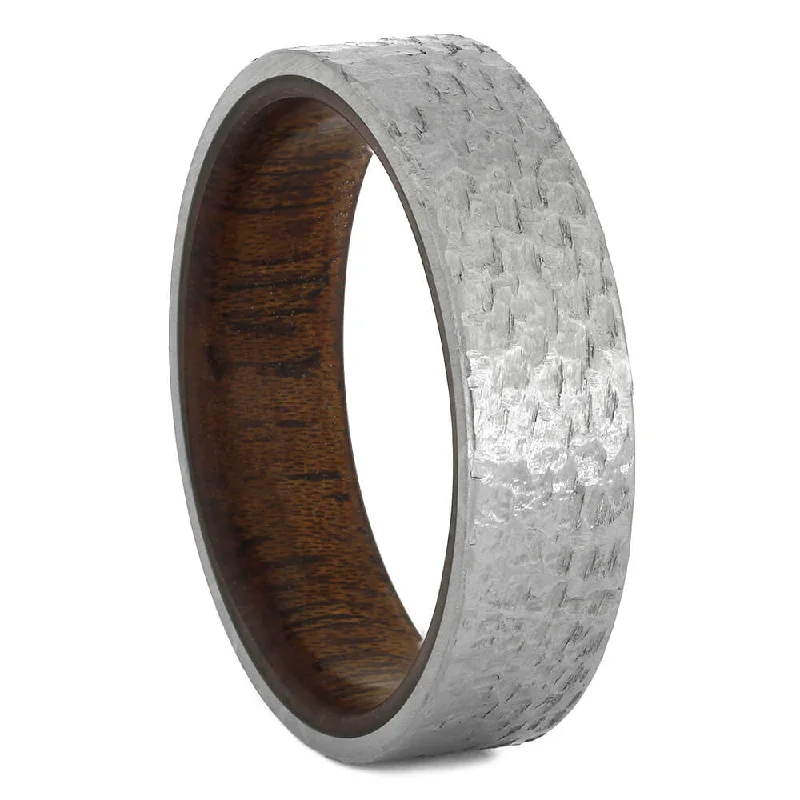 Wedding Band with Mahogany Wood Sleeve and Hammered Finish