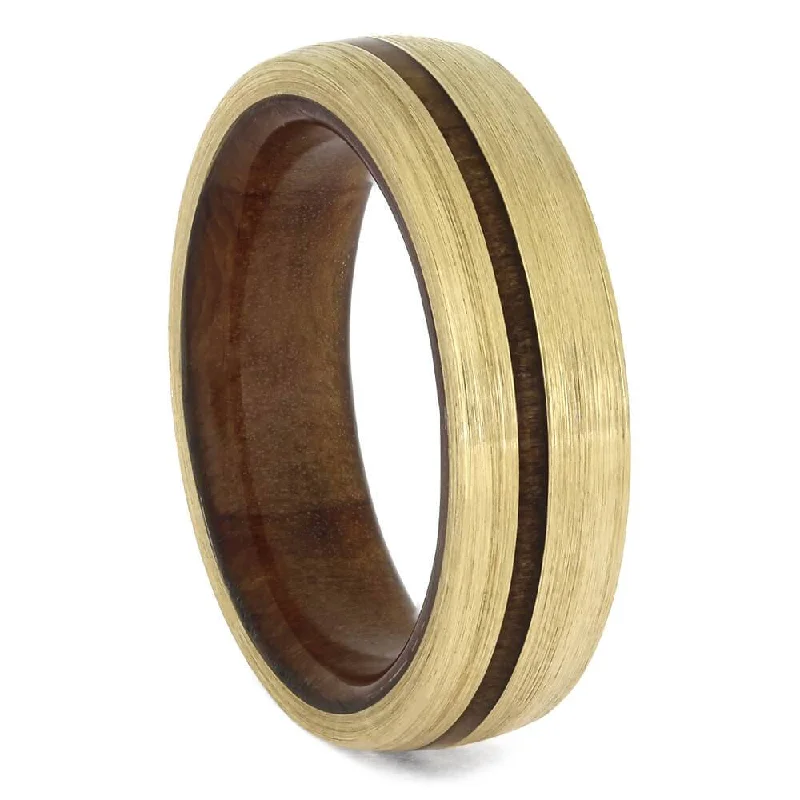 Brushed Yellow Gold Wedding Band with Redwood Sleeve