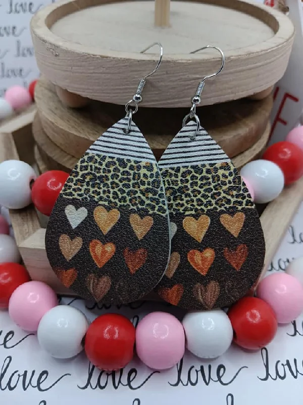 Brown Heart Earrings w/ Leopard Accent