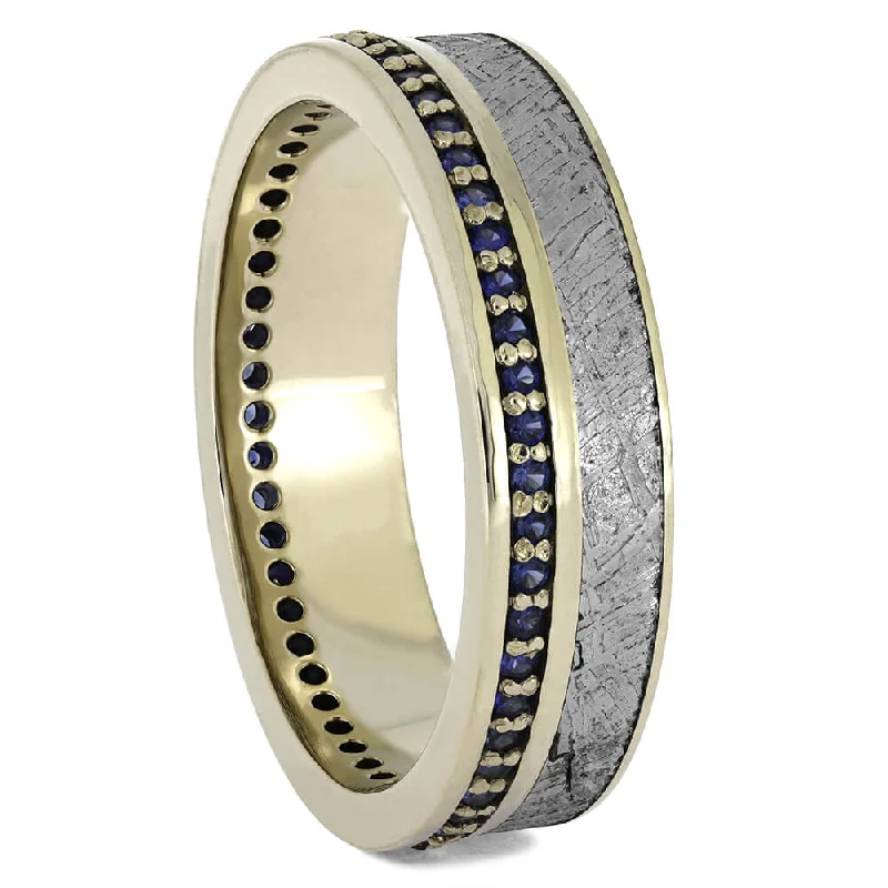 Blue Sapphire Eternity Band with Gibeon Meteorite in White Gold