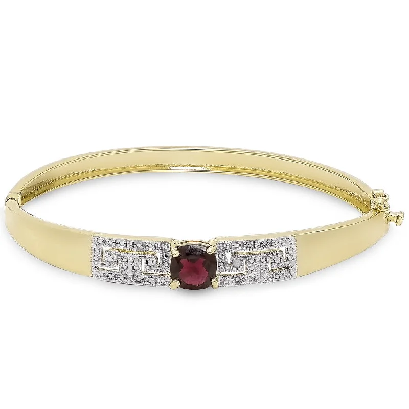 Dolce Giavonna Gold Overlay Garnet and Diamond Accent Greek Key Bangle