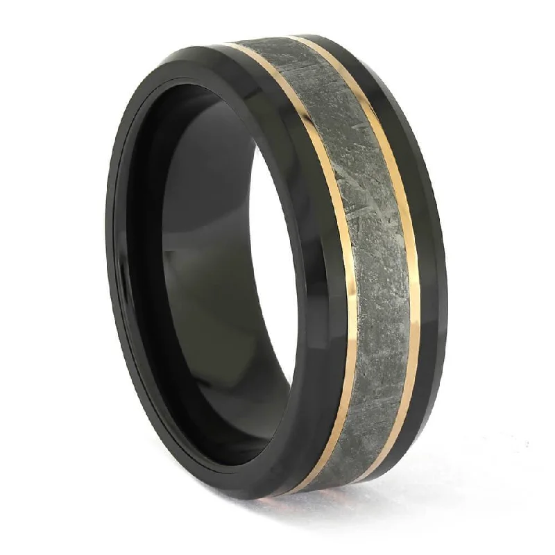 Meteorite and Rose Gold Ring in Black Ceramic