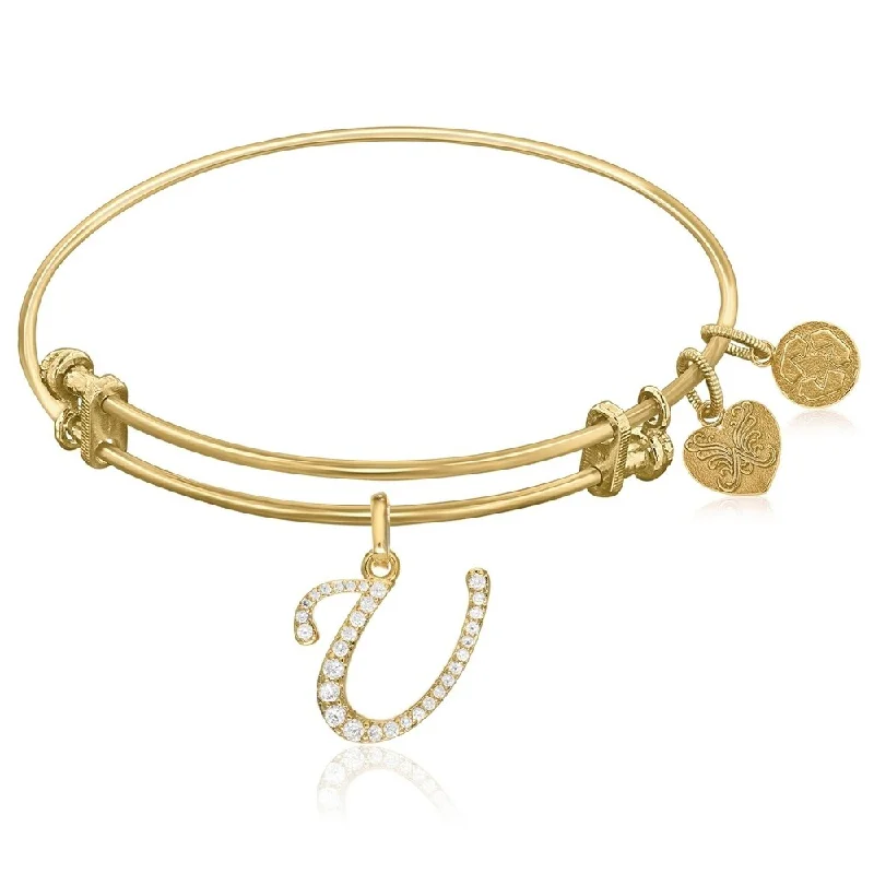 Expandable Yellow Tone Brass Bangle with U Symbol with Cubic Zirconia