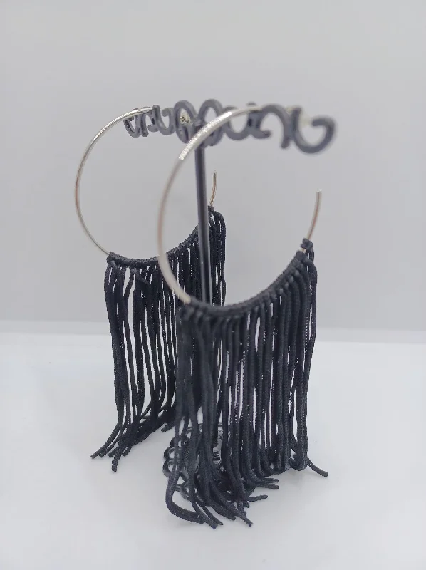 Silver Hoop Earrings w/ Black Fabric Fringe Tassels