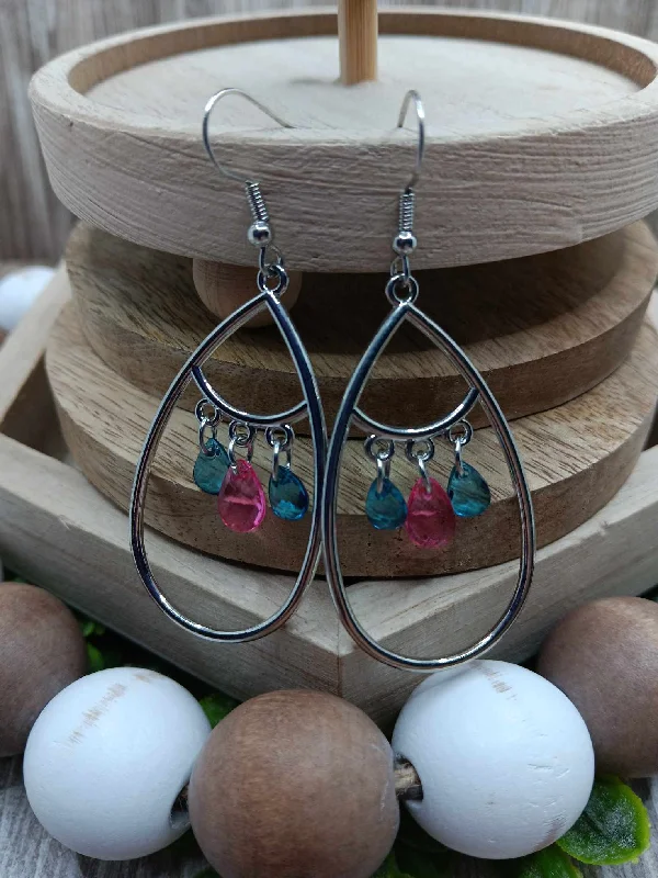 Silver Teardrop Earrings w/ Blue & Pink Beading