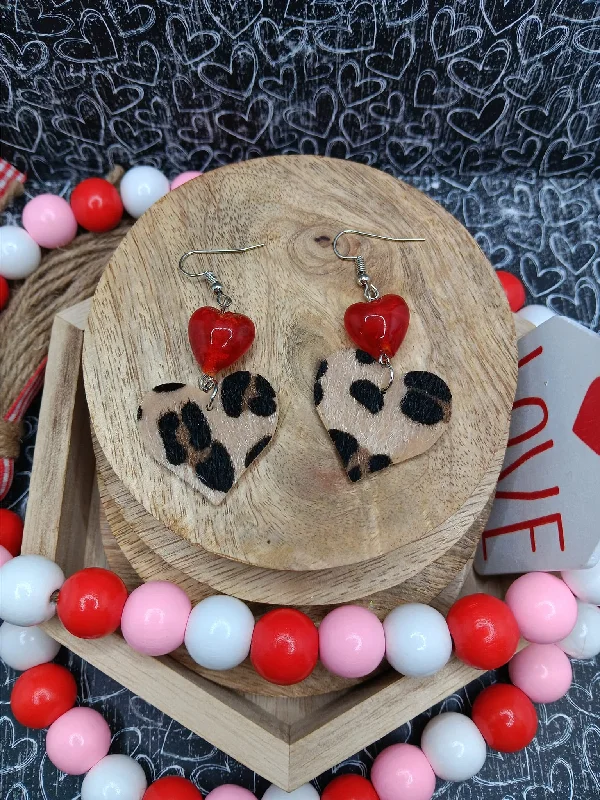 Faux Leopard Heart Earrings w/ Red Heart Accent