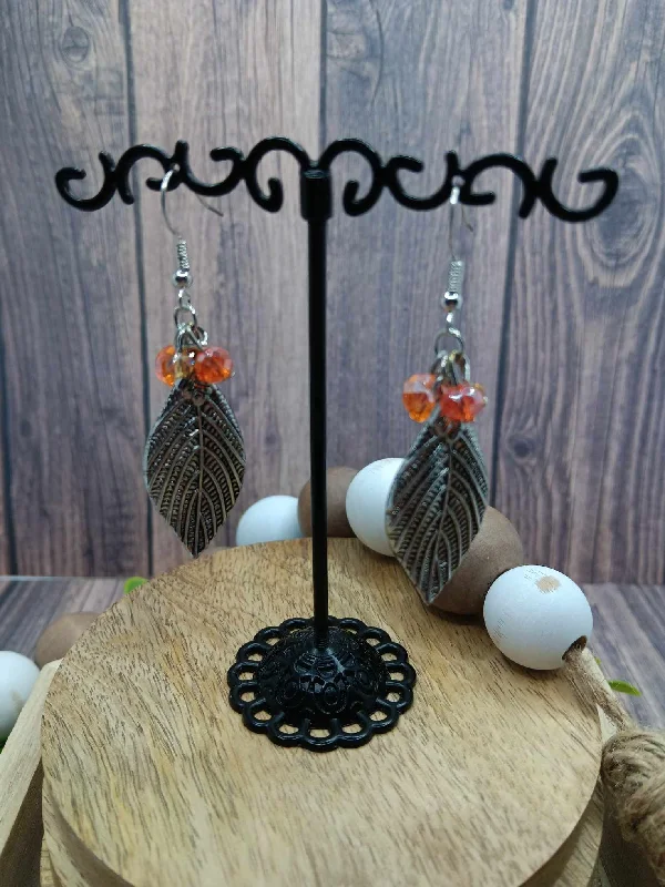 Silver Textured Leaf Earrings w/ Iridescent Orange Beading