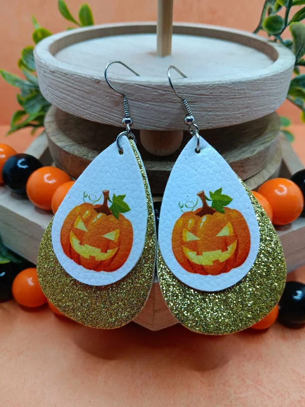 Double Layered Gold Glitter w/ Jack O' Lantern Design Leather Style Earrings