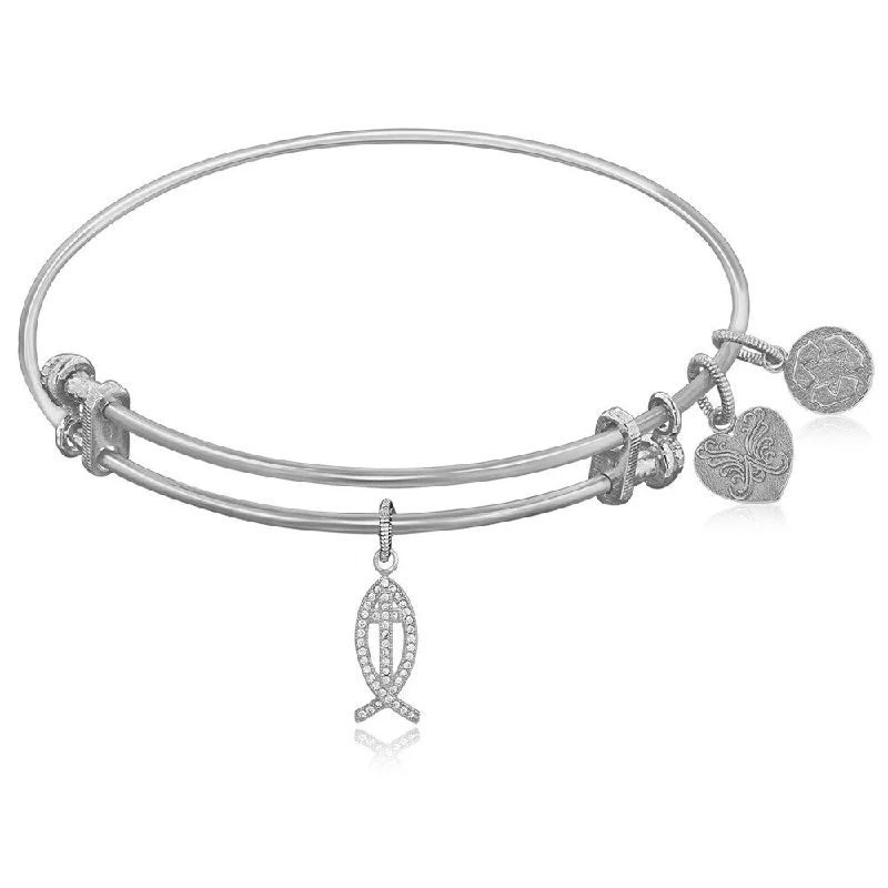 Expandable White Tone Brass Bangle with Christian Fish Symbol