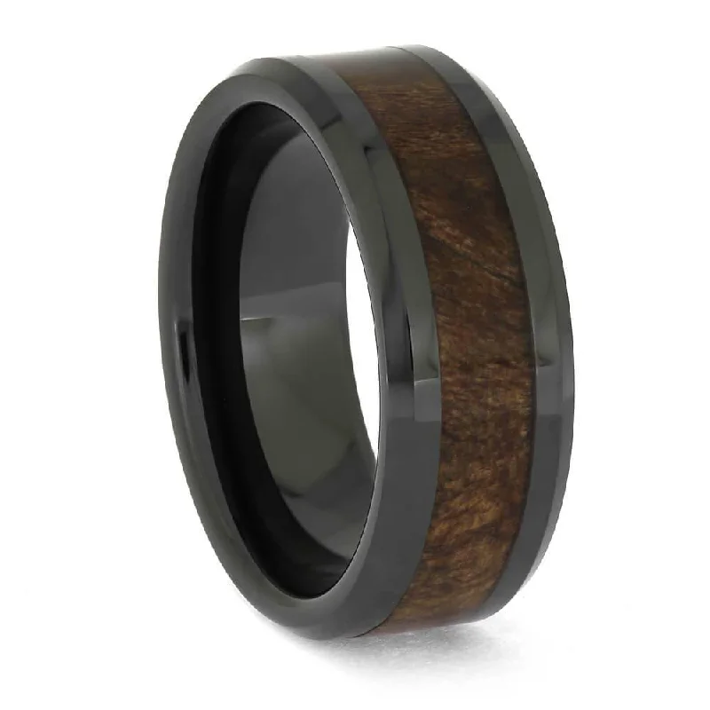 Redwood Burl and Black Ceramic Wedding Band