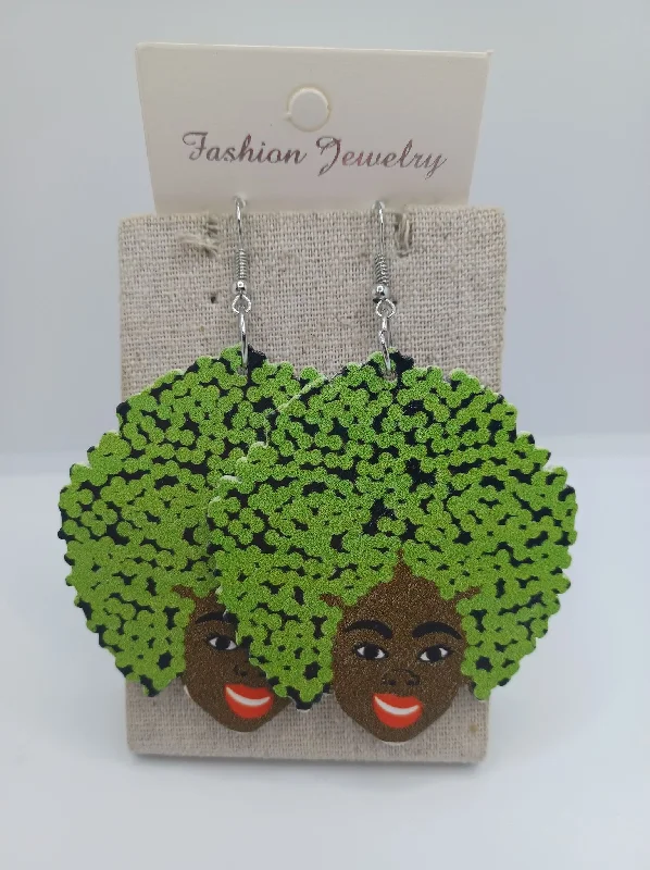 African American Heritage Girl Earrings w/ Green Hair