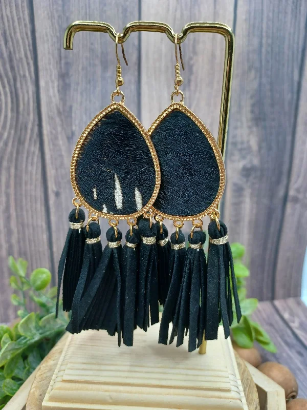 Black Cow Print Tassel Earrings