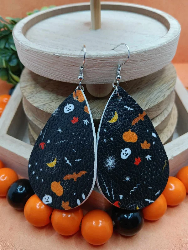 Black Halloween Themed Leather Style Earrings w/ Pumpkins, Bats, & Spiders