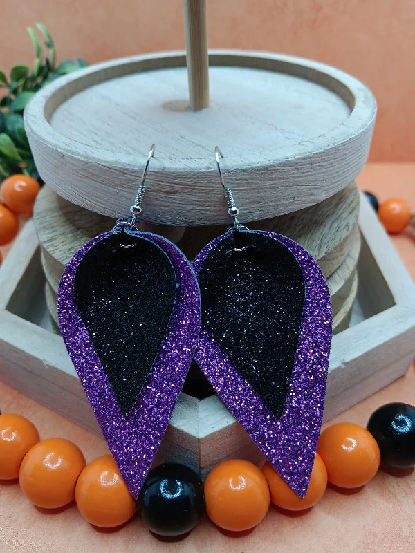 Black & Purple Layered Glitter Leather Style Earrings